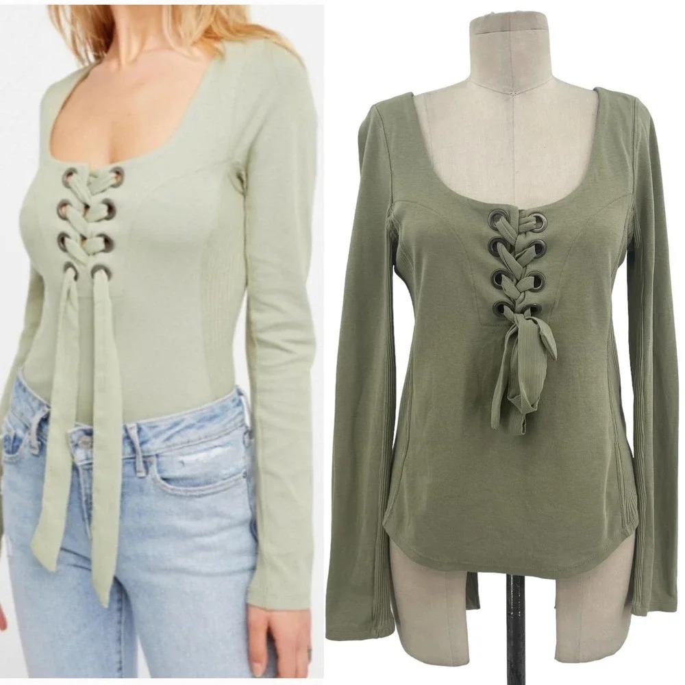 Free People Looking Back Lace-Up Top Sage Green Size Medium